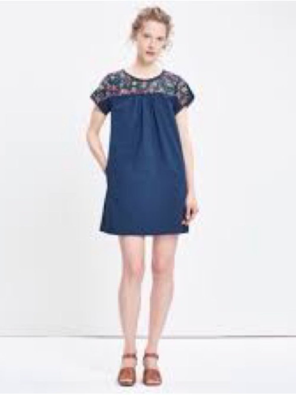 Madewell Navy Blue Embroidered Floral Boho Peasant Dress Size XS